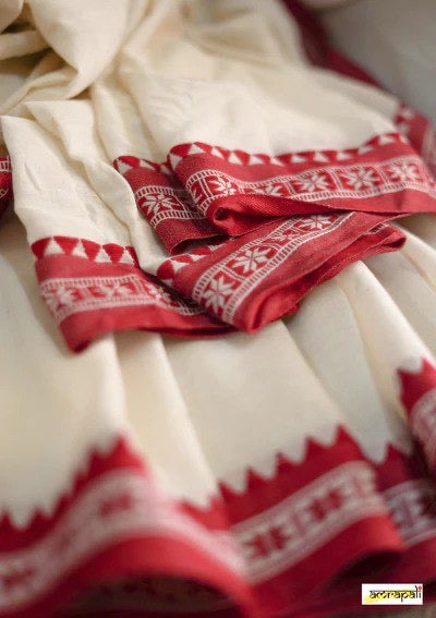 Traditional White & Red Bengali Cotton Saree