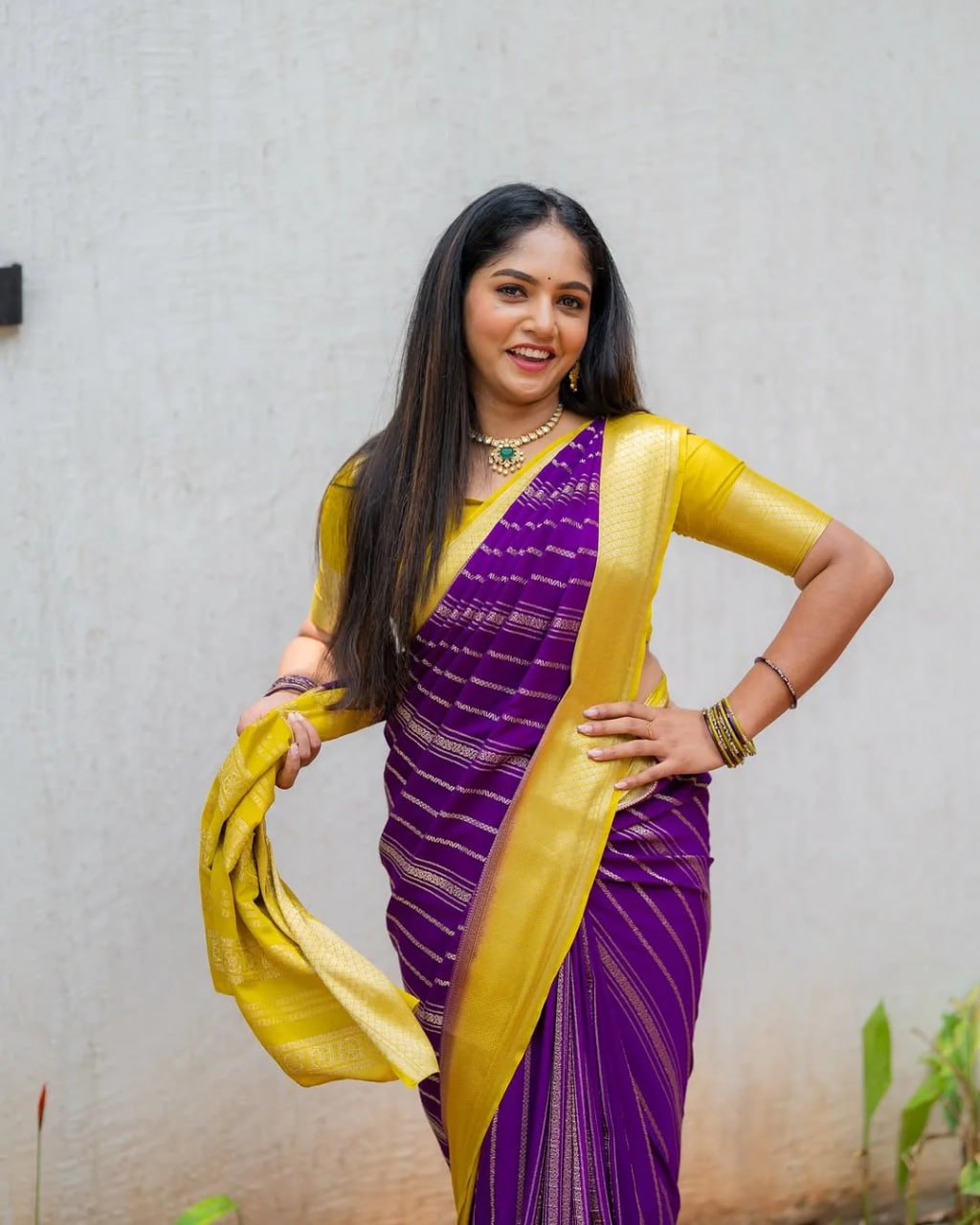 Purple & Yellow Banarasi Soft Silk Saree with Gold Zari Weaving
