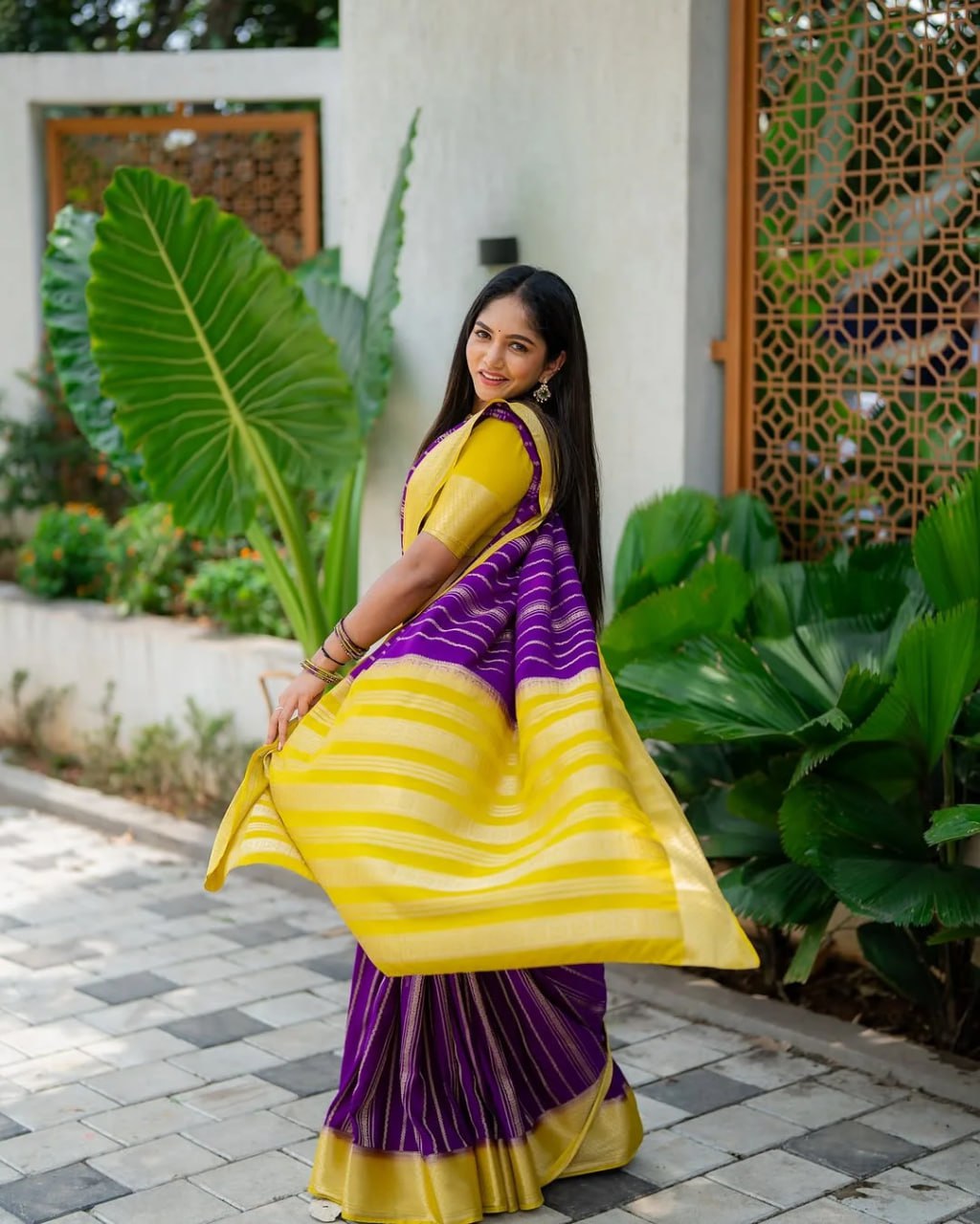 Purple & Yellow Banarasi Soft Silk Saree with Gold Zari Weaving