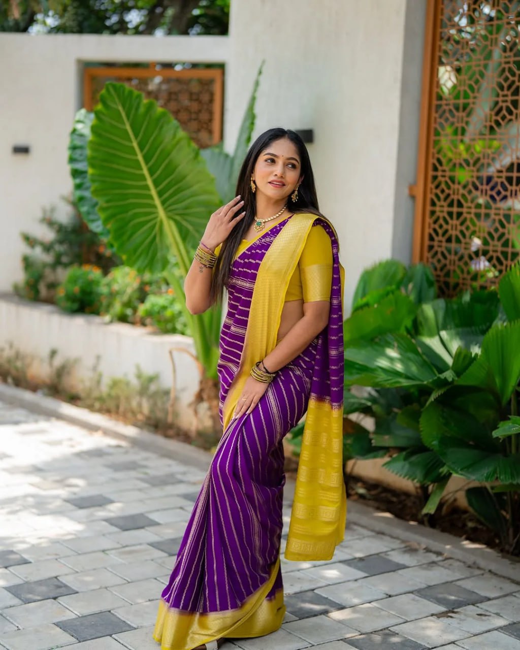 Purple & Yellow Banarasi Soft Silk Saree with Gold Zari Weaving