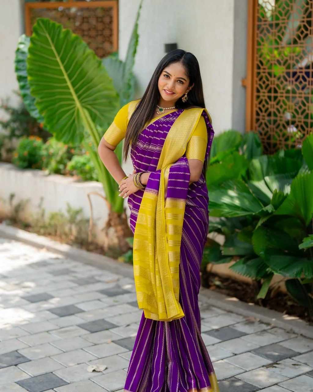 Purple & Yellow Banarasi Soft Silk Saree with Gold Zari Weaving