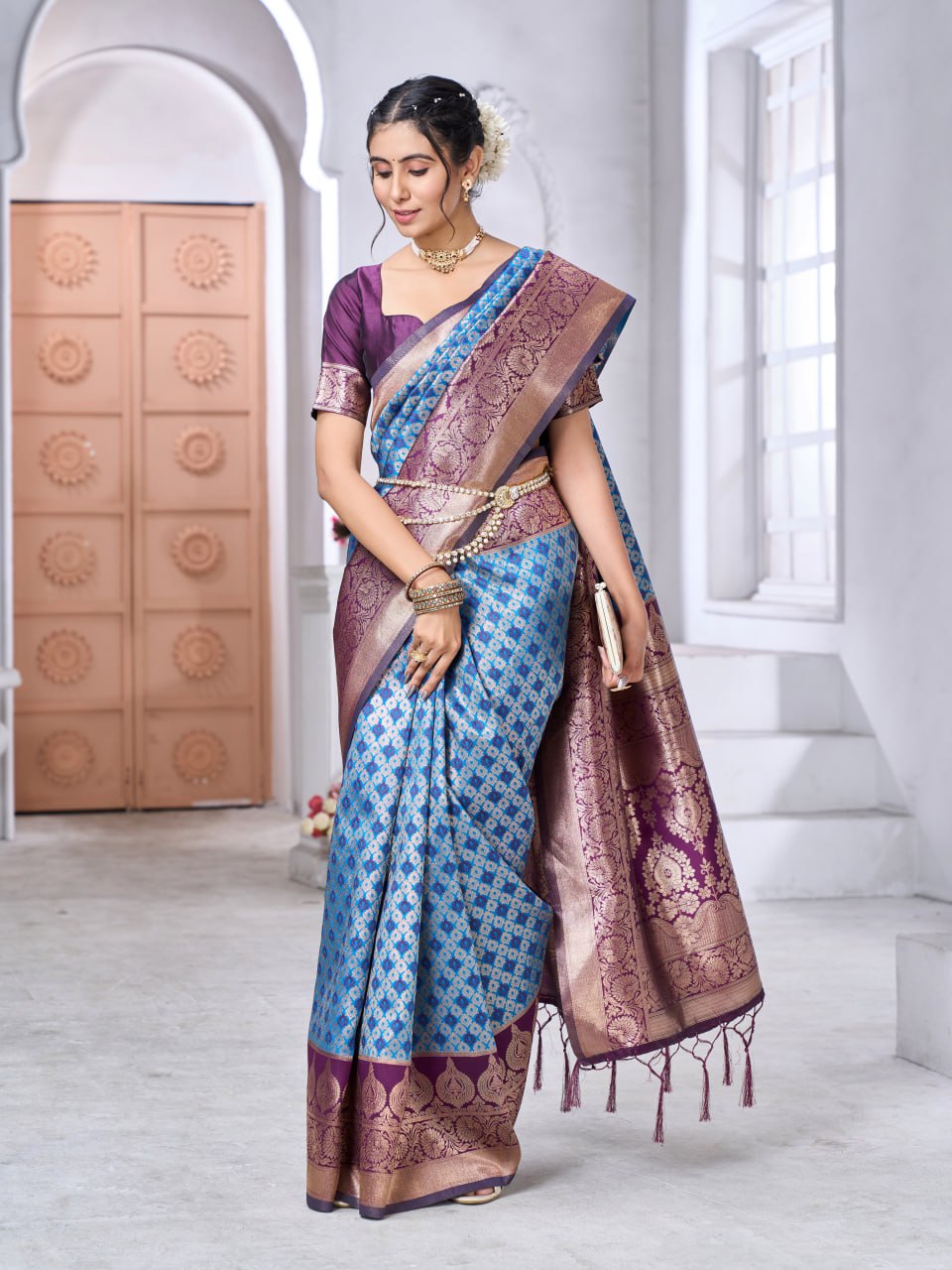 Royal Blue & Wine Banarasi Soft Silk Saree – Zari Weave Elegance