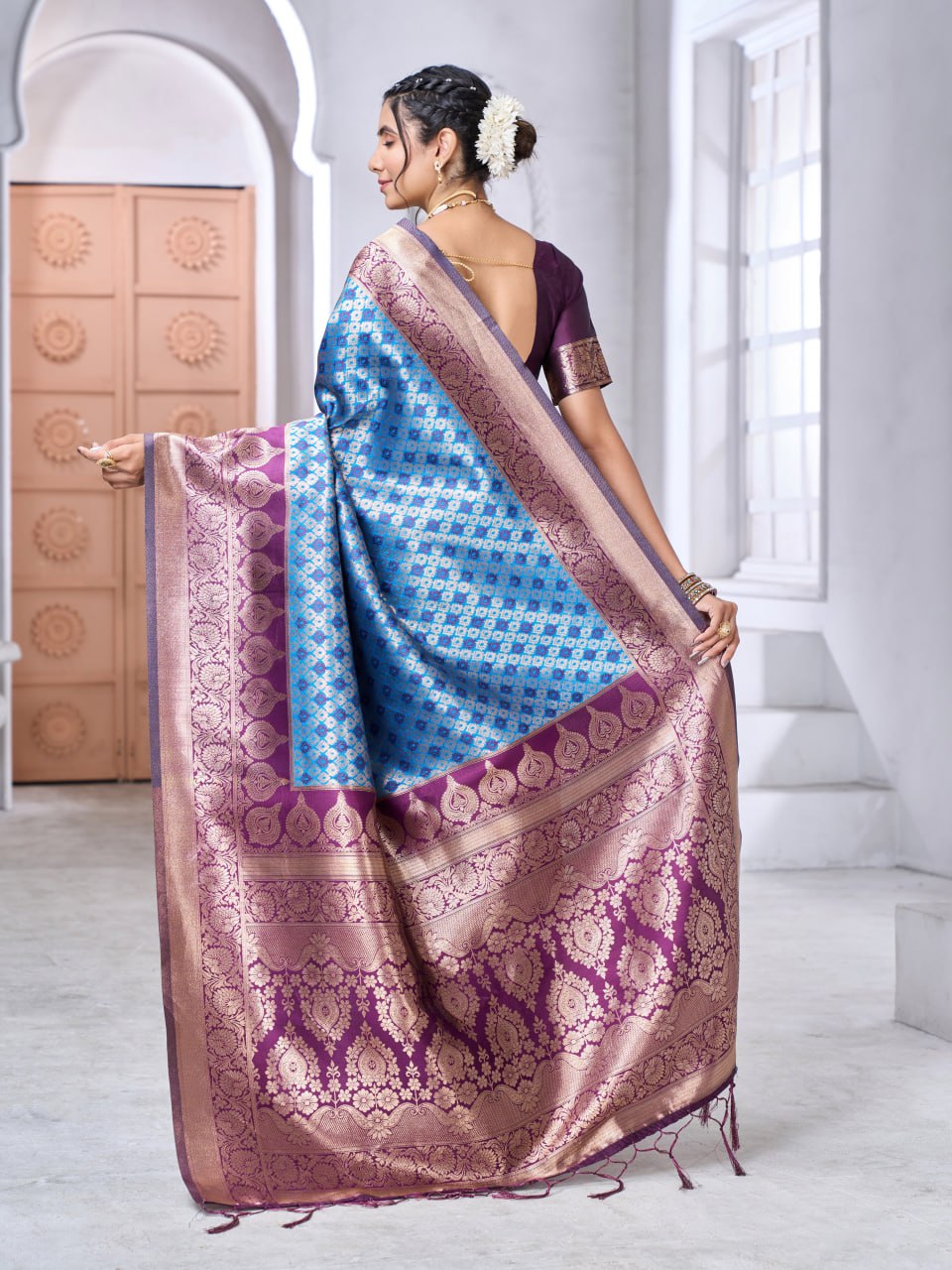 Royal Blue & Wine Banarasi Soft Silk Saree – Zari Weave Elegance