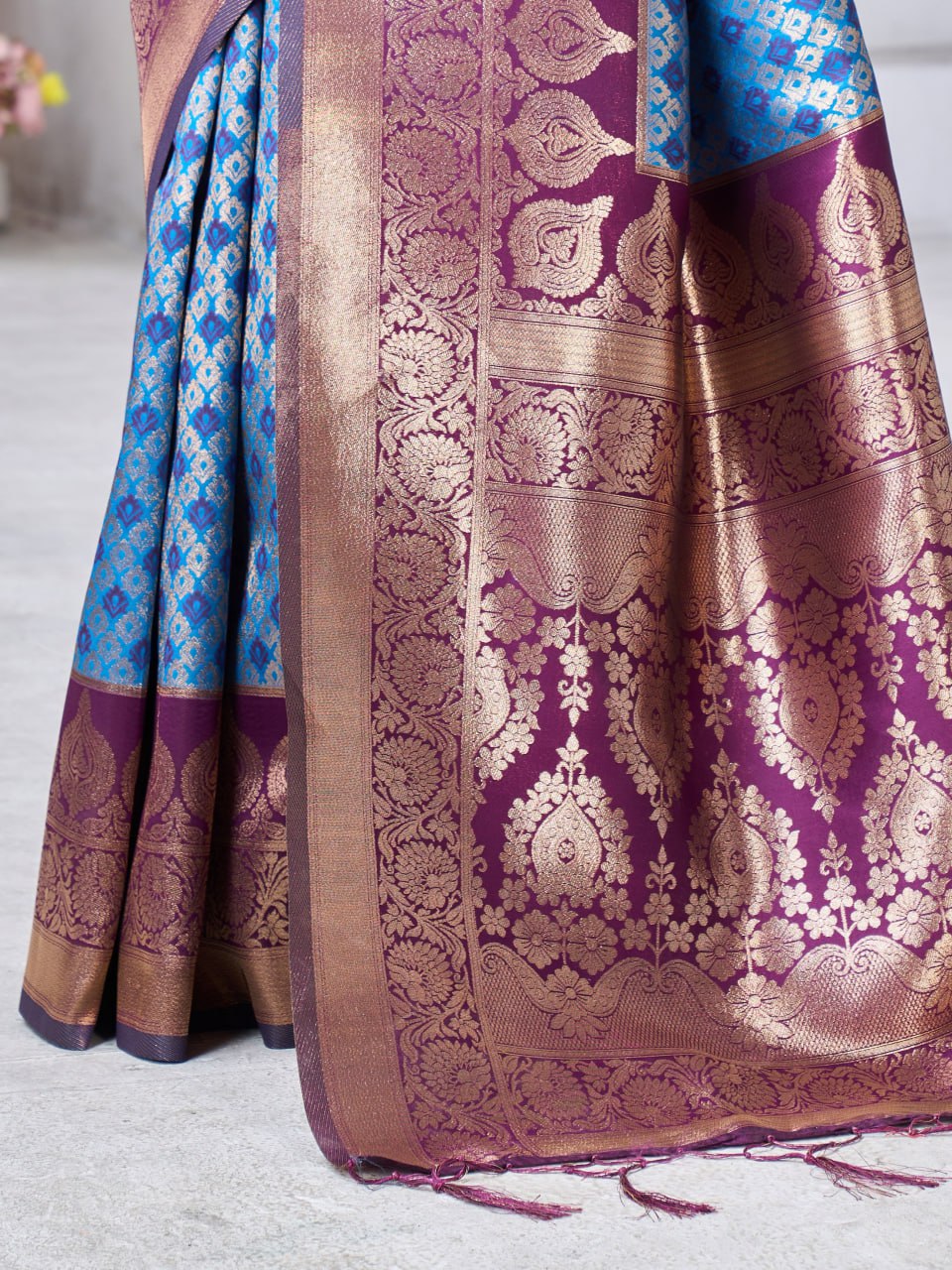 Royal Blue & Wine Banarasi Soft Silk Saree – Zari Weave Elegance
