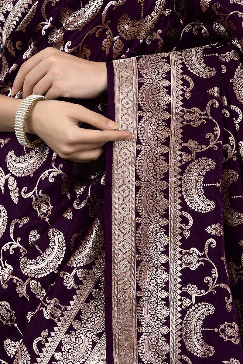 Majestic Purple Banarasi Soft Silk Saree with Gold Zari Weaving