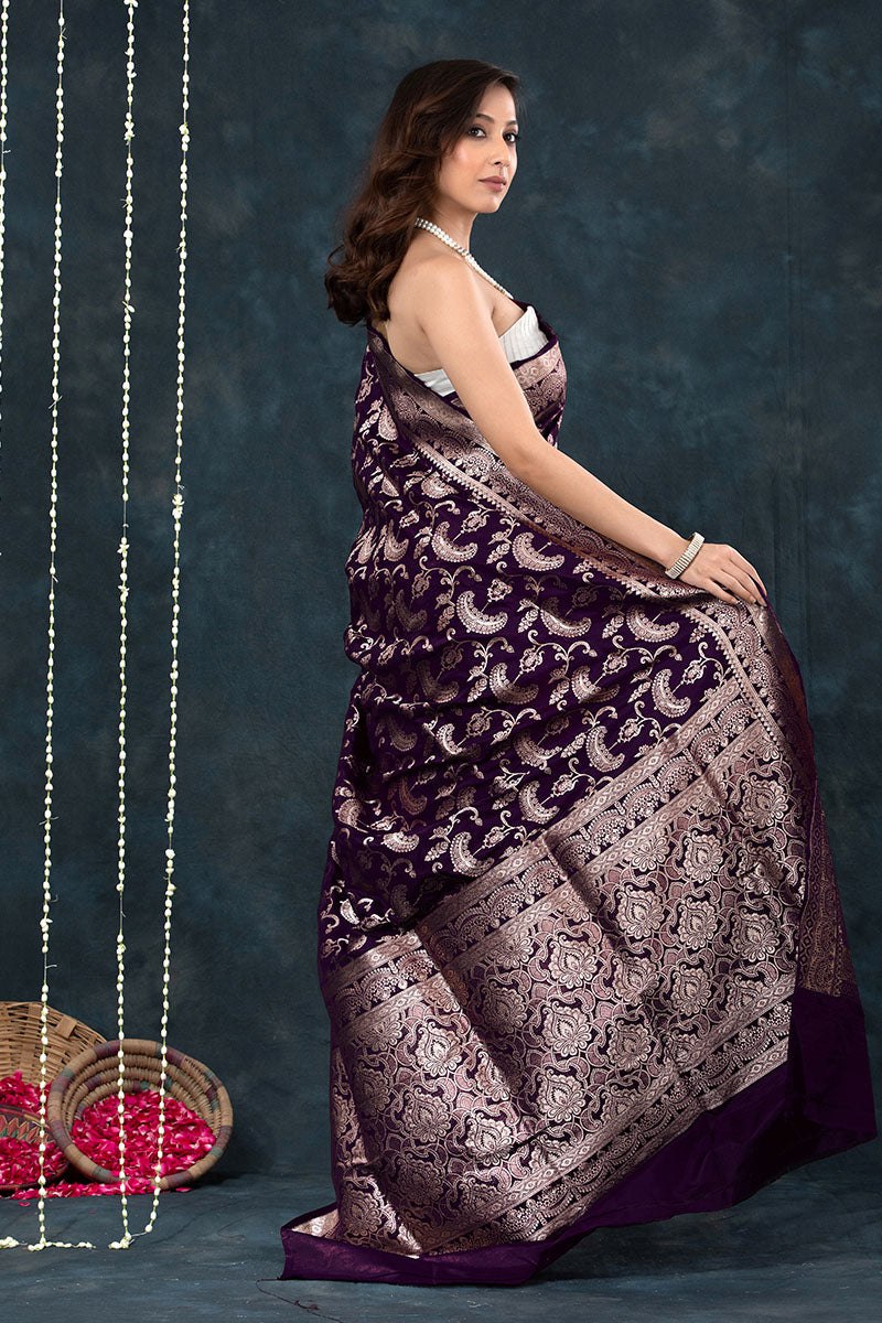 Majestic Purple Banarasi Soft Silk Saree with Gold Zari Weaving