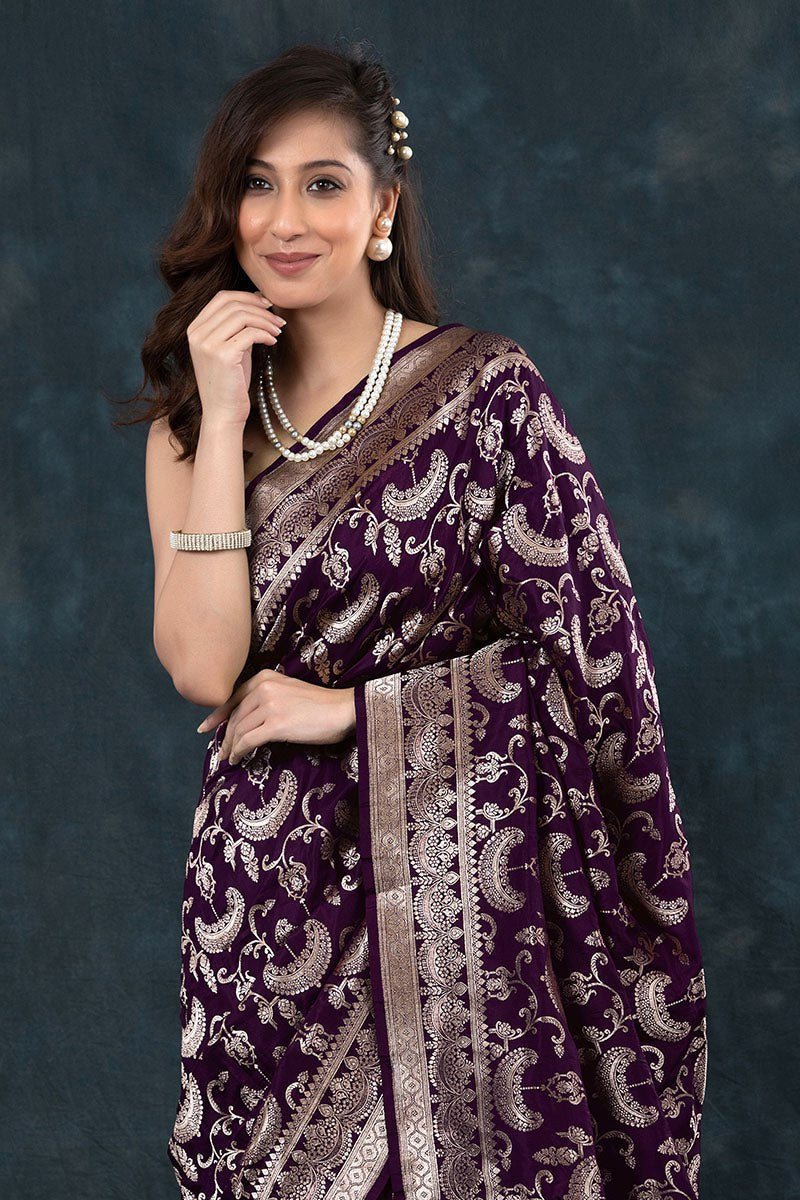 Majestic Purple Banarasi Soft Silk Saree with Gold Zari Weaving