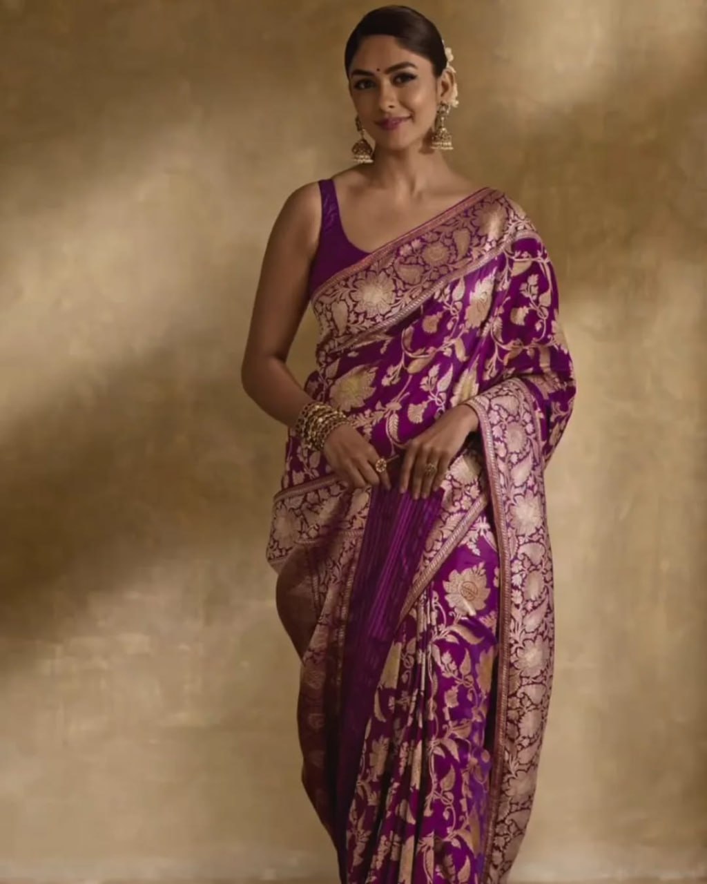 Royal Violet Banarasi Soft Silk Saree with Golden Floral Zari