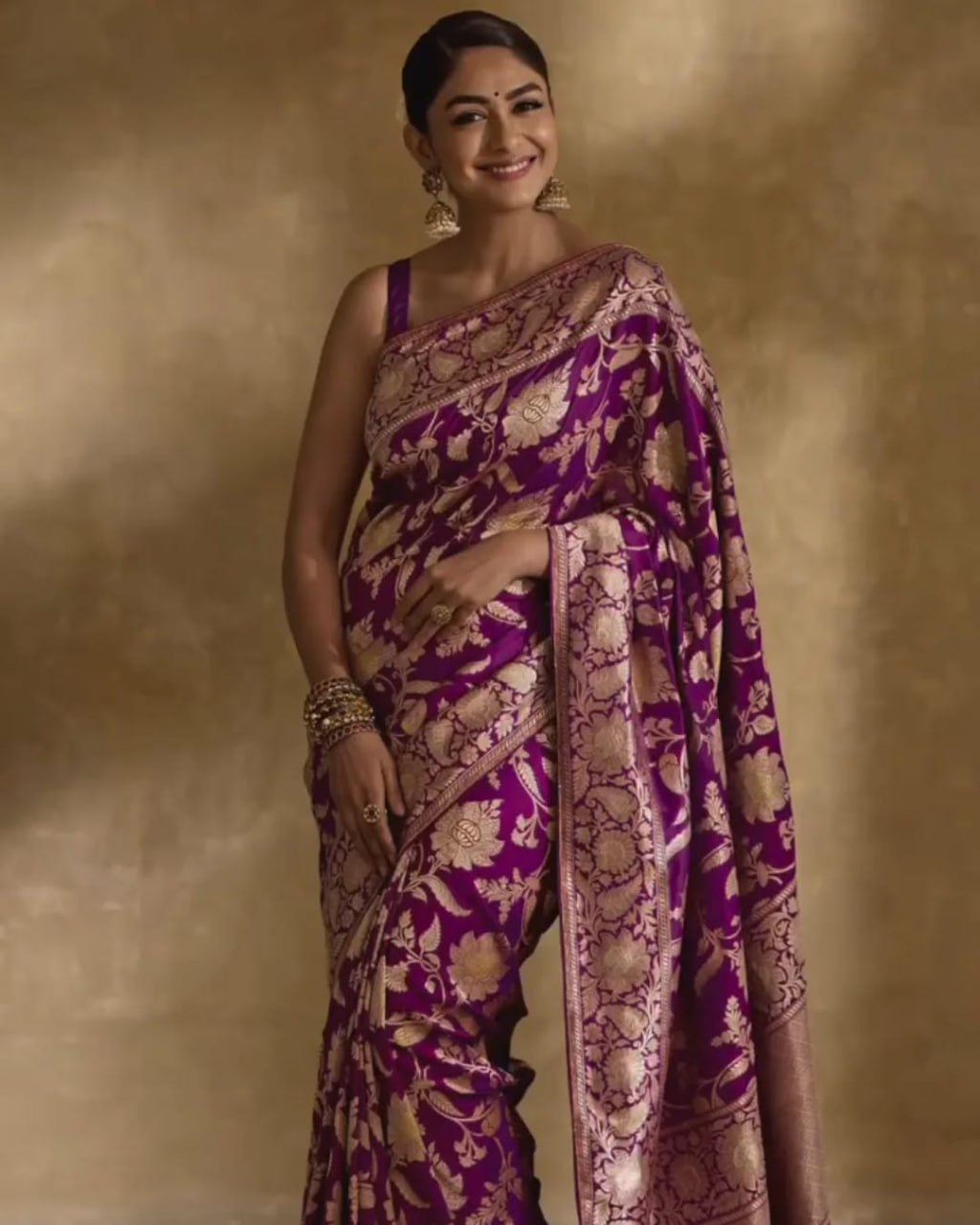 Royal Violet Banarasi Soft Silk Saree with Golden Floral Zari
