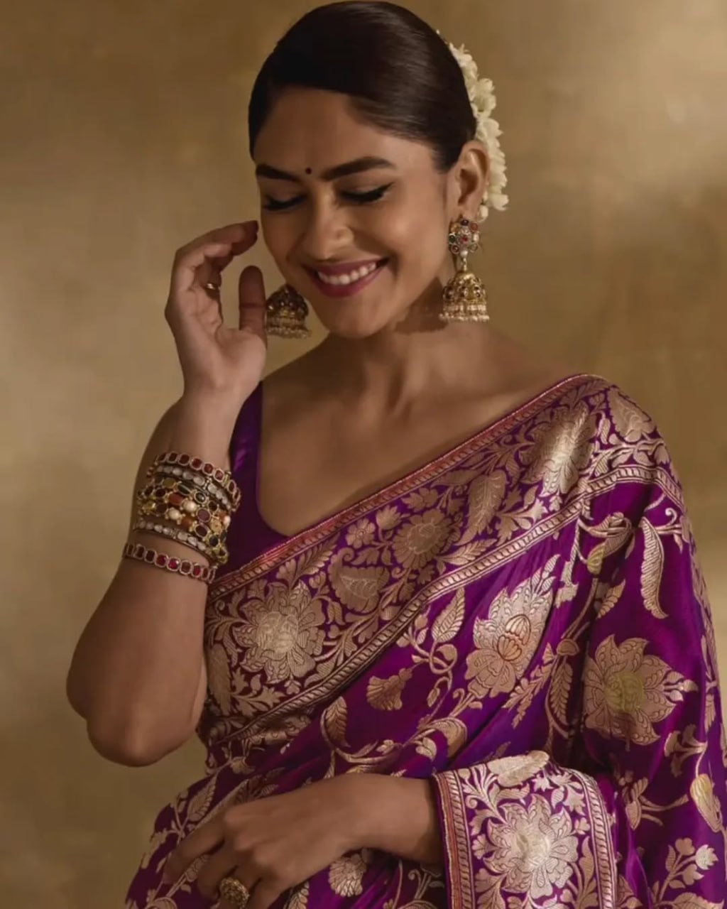 Royal Violet Banarasi Soft Silk Saree with Golden Floral Zari