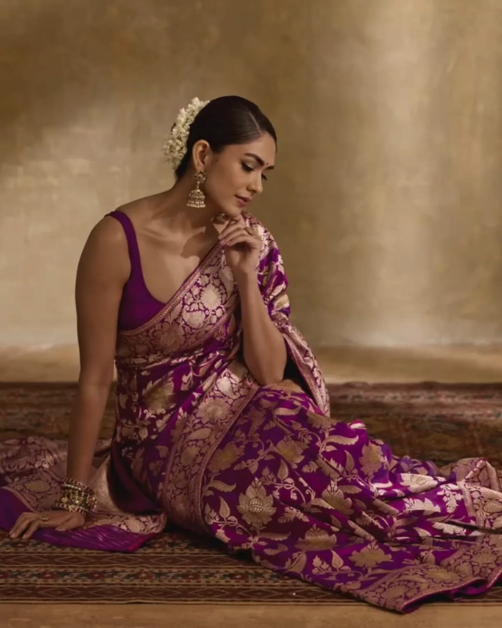 Royal Violet Banarasi Soft Silk Saree with Golden Floral Zari