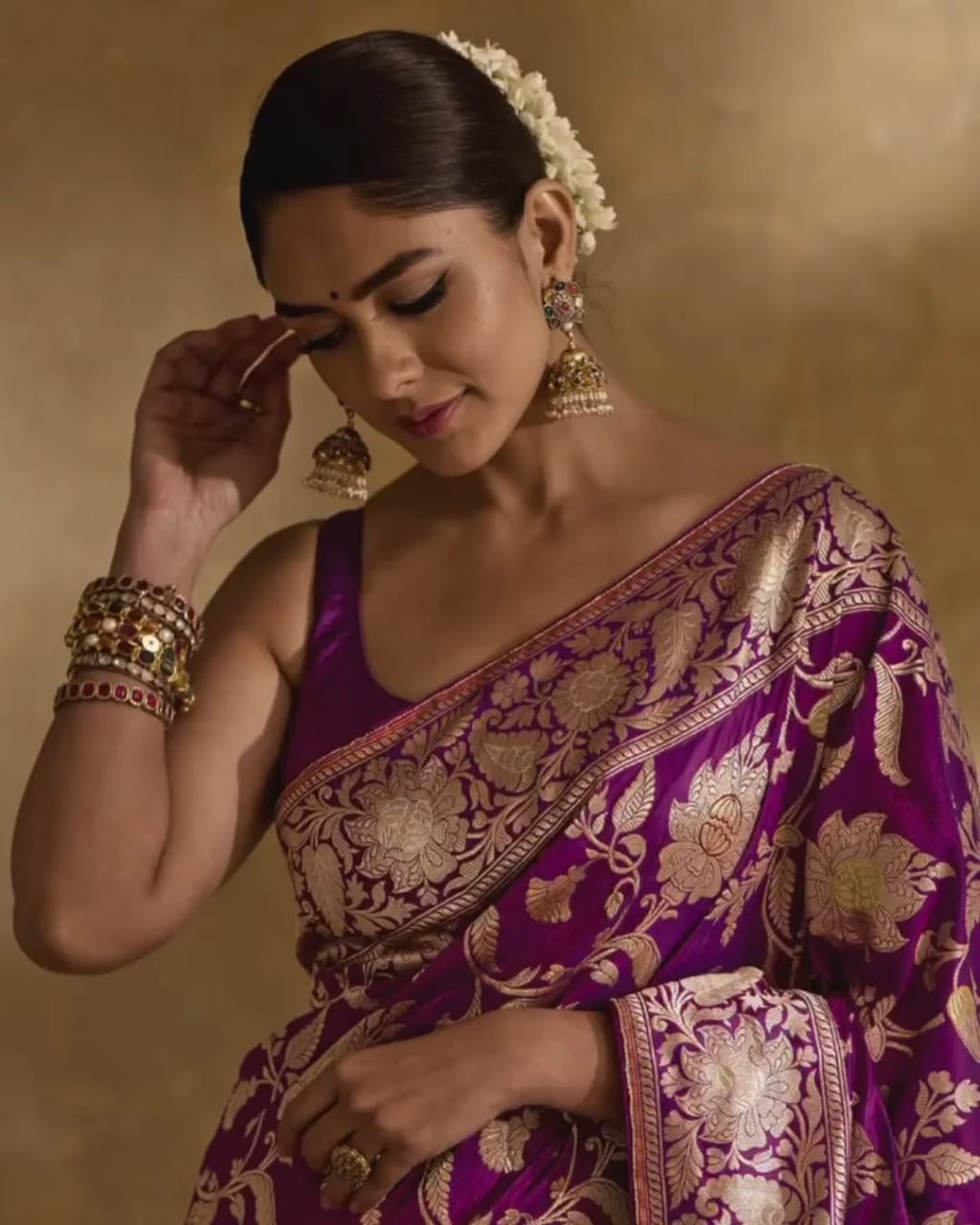 Royal Violet Banarasi Soft Silk Saree with Golden Floral Zari