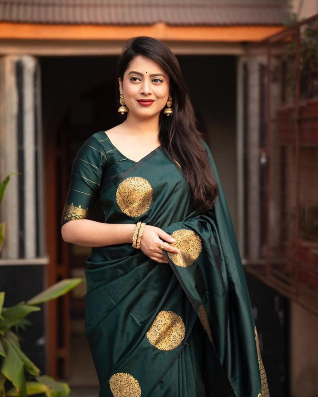 Elegant Festive Banarasi Silk Saree with Gold Polka Zari Motifs