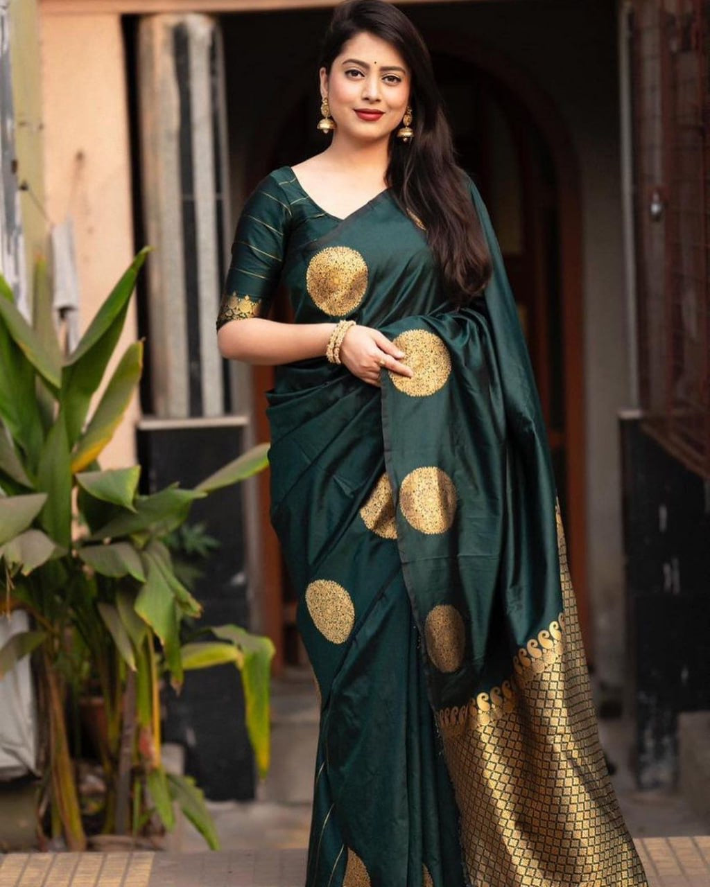 Elegant Festive Banarasi Silk Saree with Gold Polka Zari Motifs