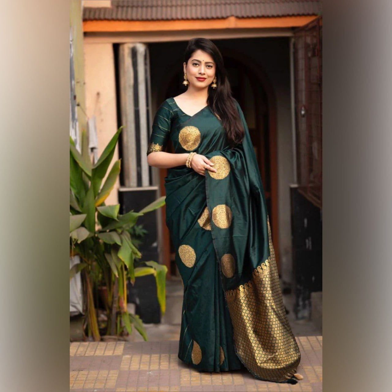 Elegant Festive Banarasi Silk Saree with Gold Polka Zari Motifs