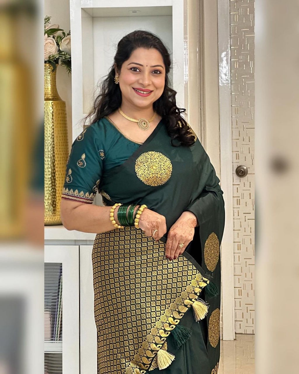 Elegant Festive Banarasi Silk Saree with Gold Polka Zari Motifs