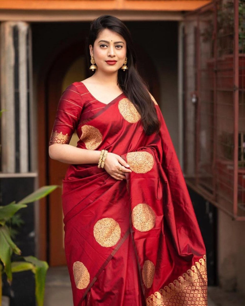 Elegant Festive Banarasi Silk Saree with Gold Polka Zari Motifs