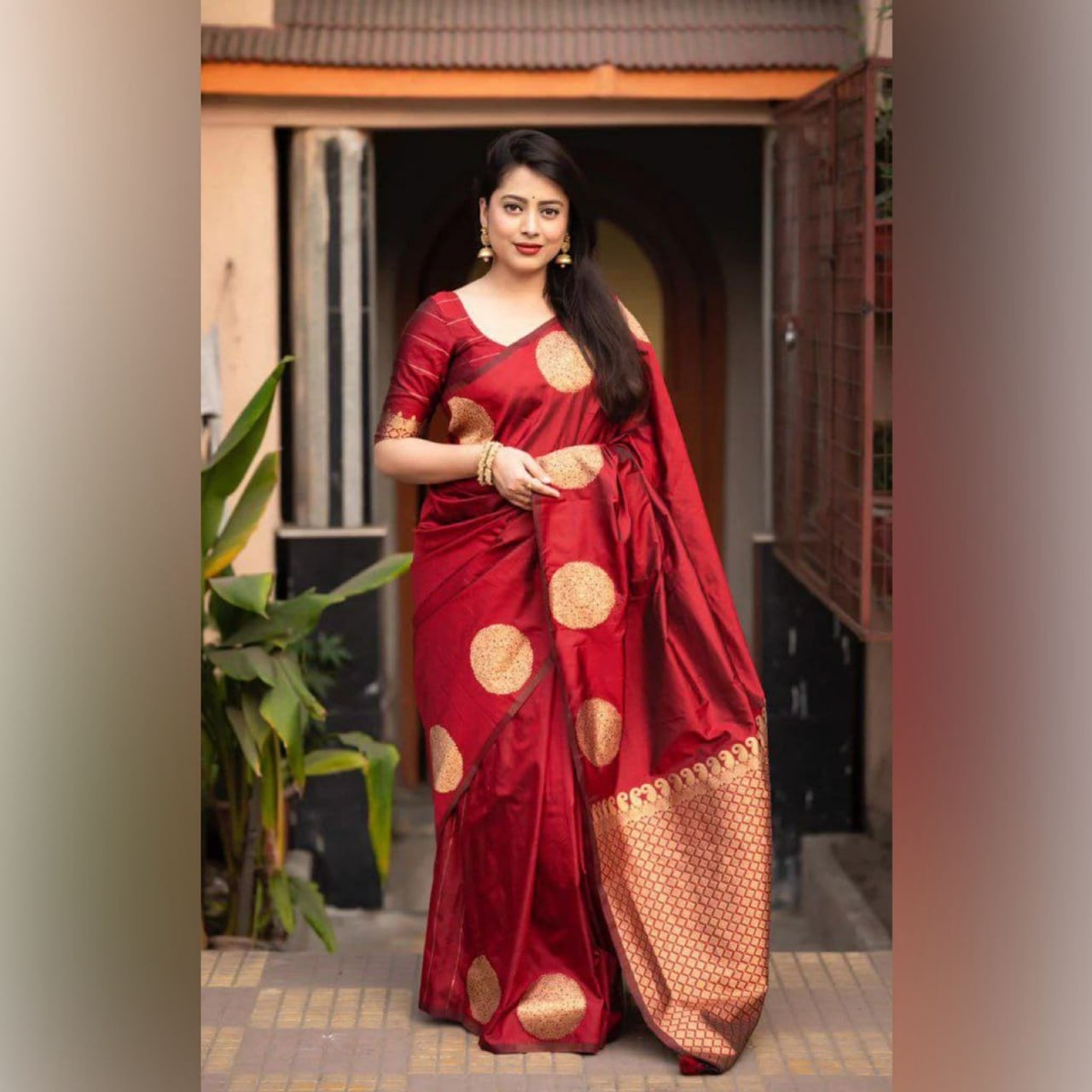 Elegant Festive Banarasi Silk Saree with Gold Polka Zari Motifs