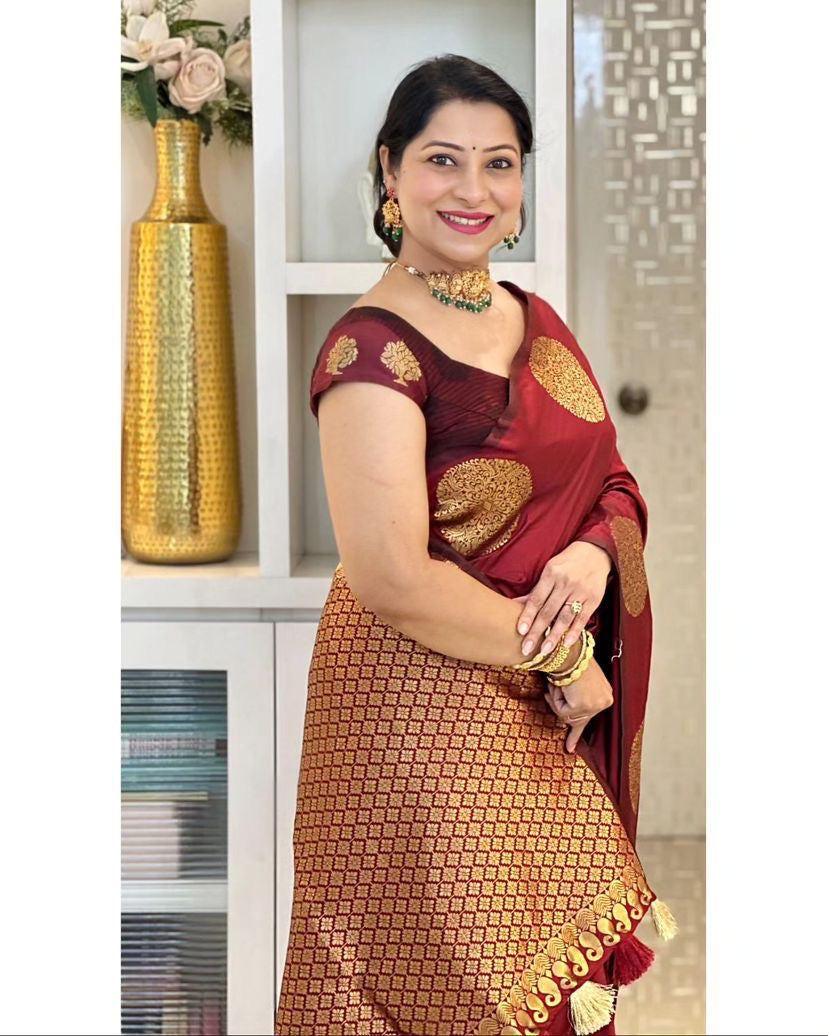 Elegant Festive Banarasi Silk Saree with Gold Polka Zari Motifs