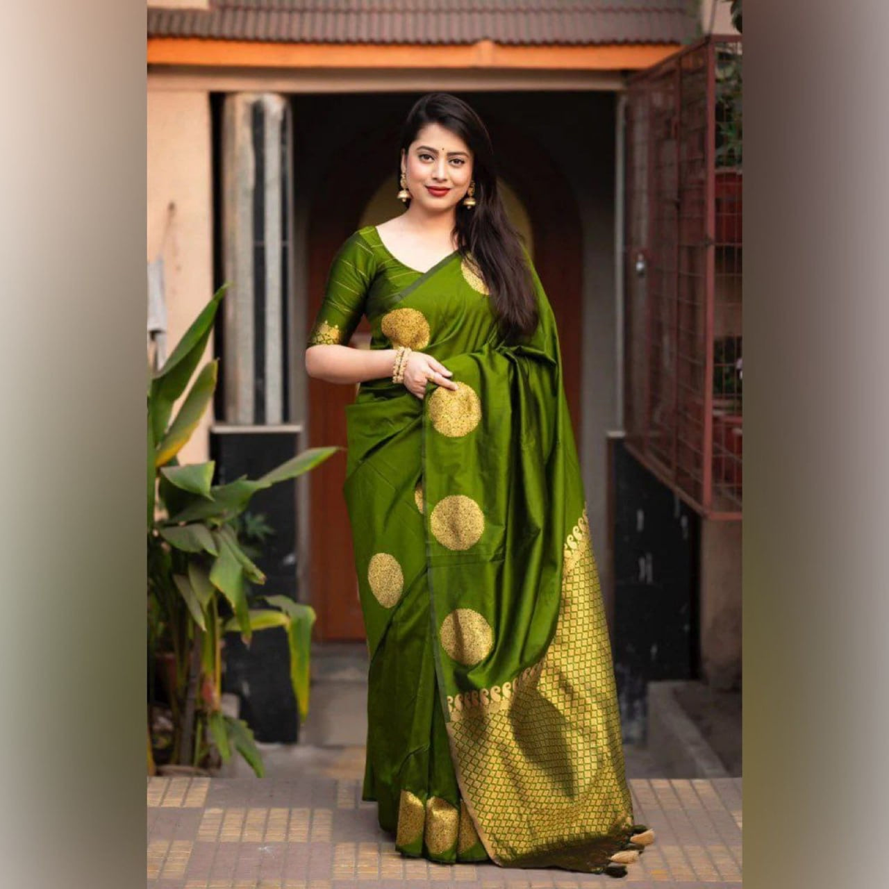 Elegant Festive Banarasi Silk Saree with Gold Polka Zari Motifs