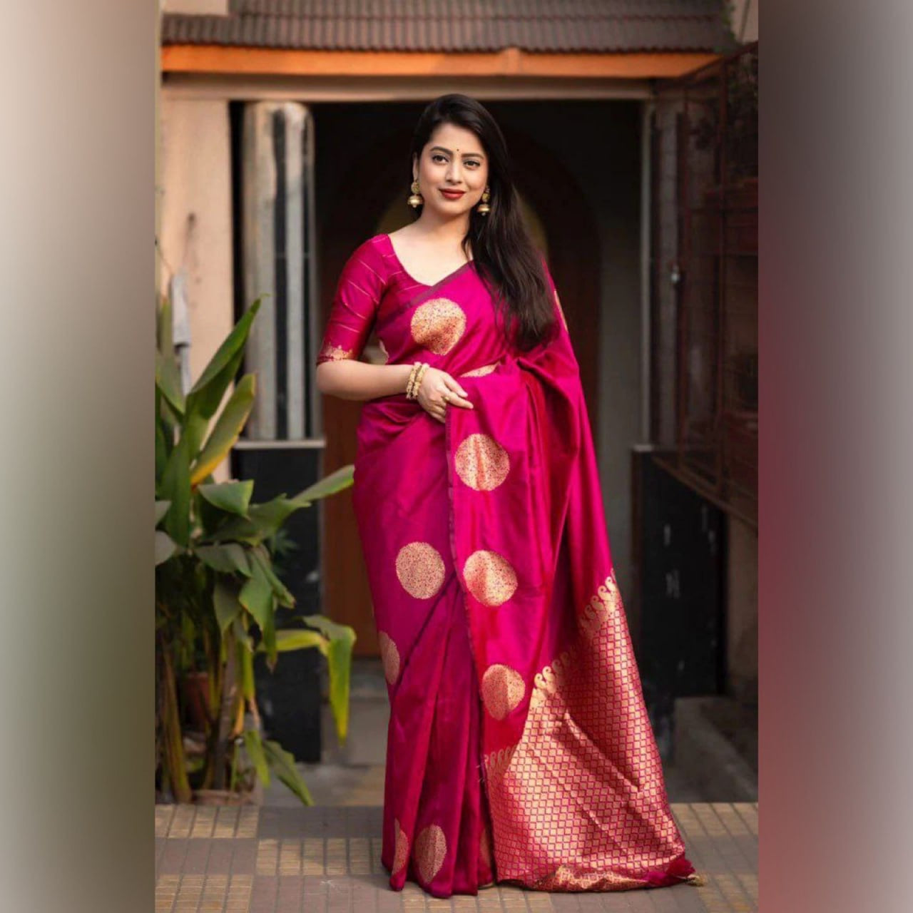 Elegant Festive Banarasi Silk Saree with Gold Polka Zari Motifs