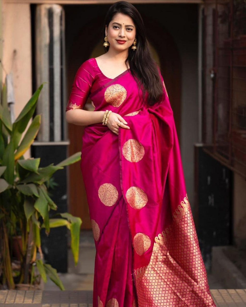 Elegant Festive Banarasi Silk Saree with Gold Polka Zari Motifs
