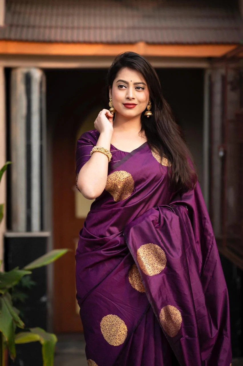 Elegant Festive Banarasi Silk Saree with Gold Polka Zari Motifs