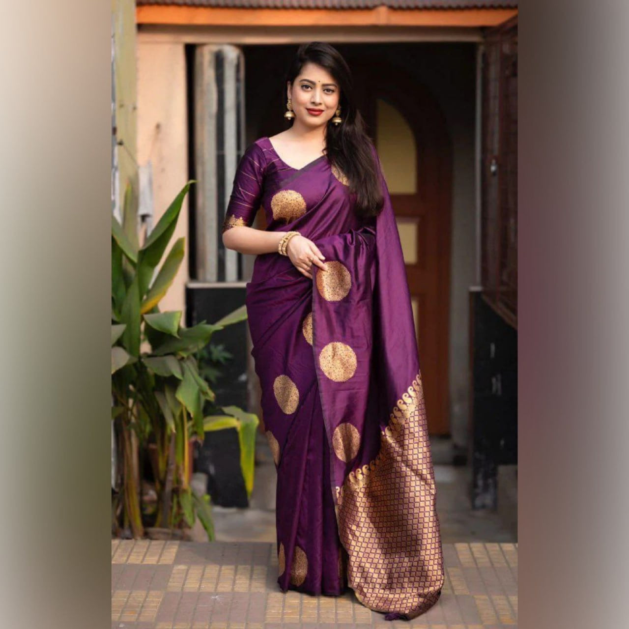 Elegant Festive Banarasi Silk Saree with Gold Polka Zari Motifs