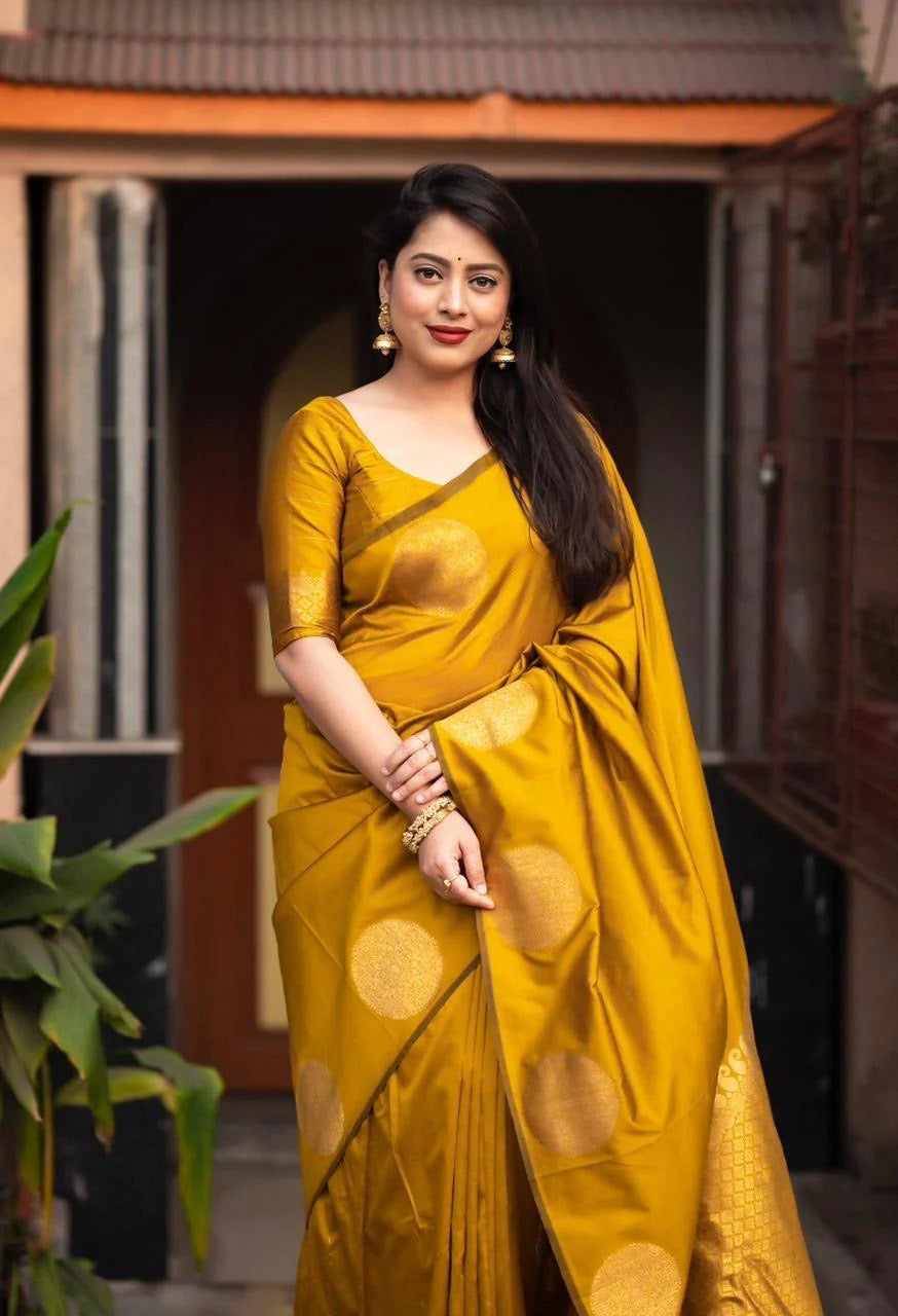 Elegant Festive Banarasi Silk Saree with Gold Polka Zari Motifs