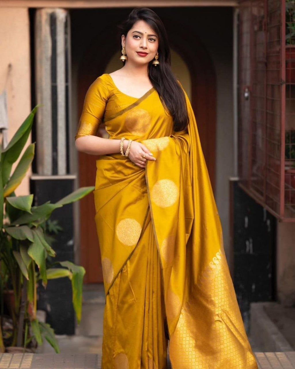 Elegant Festive Banarasi Silk Saree with Gold Polka Zari Motifs