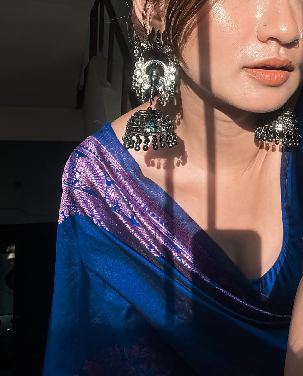 Royal Blue and Purple Banarasi Silk Saree with Intricate Zari Border.