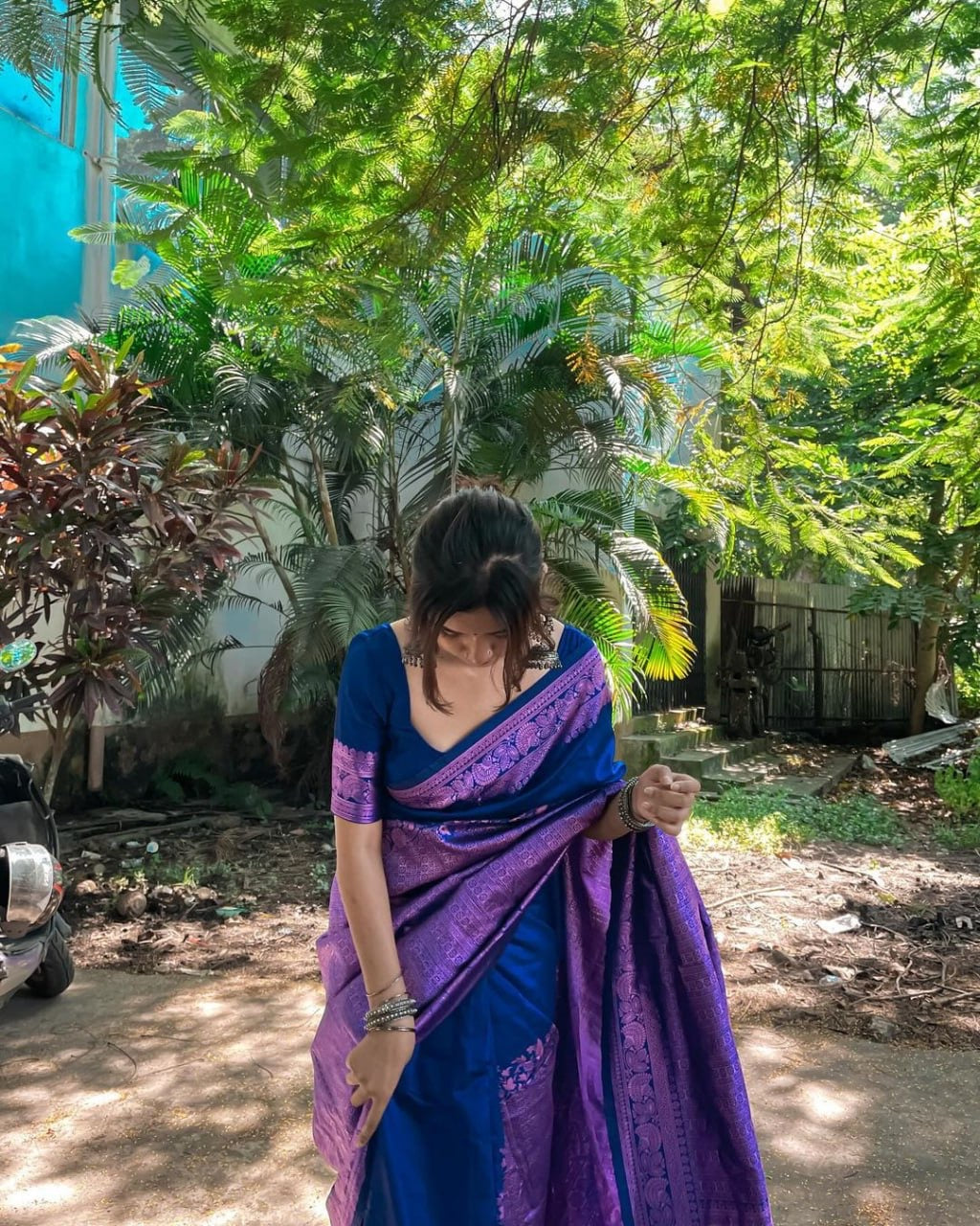 Royal Blue and Purple Banarasi Silk Saree with Intricate Zari Border.
