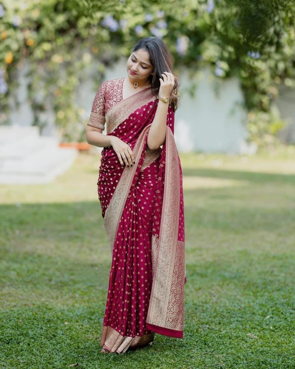 Elegant Maroon Banarasi Silk Saree with Gold Zari Border and Small Floral Motifs