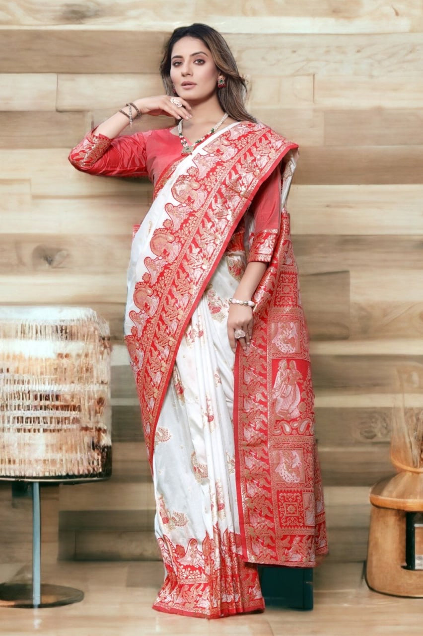 Elegant Ivory-Red Banarasi Silk Saree