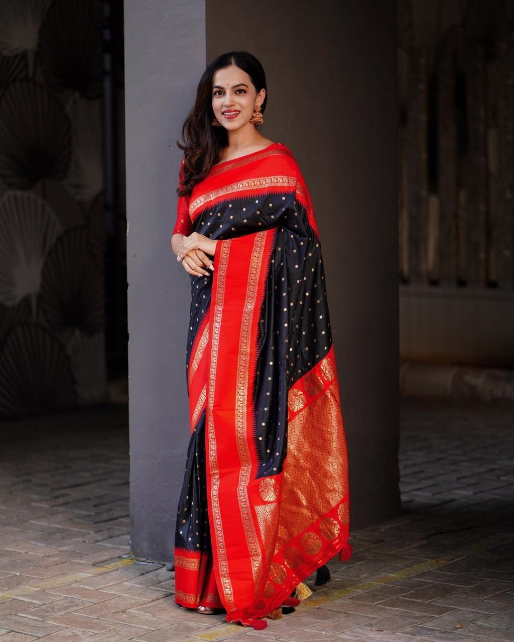 Classic Midnight Black & Crimson Red Saree