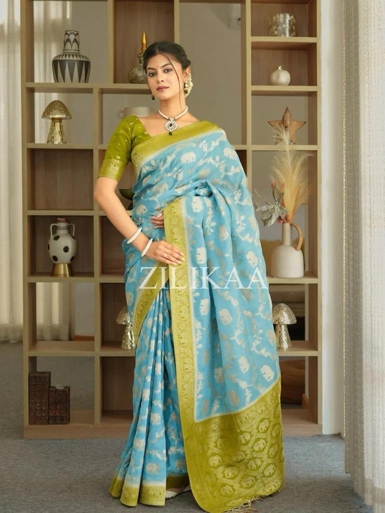 Premium Banarasi Soft Silk Saree – Festive Elephant Zari Design