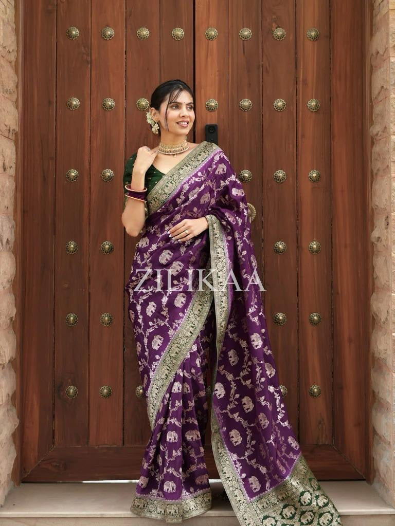 Premium Banarasi Soft Silk Saree – Festive Elephant Zari Design
