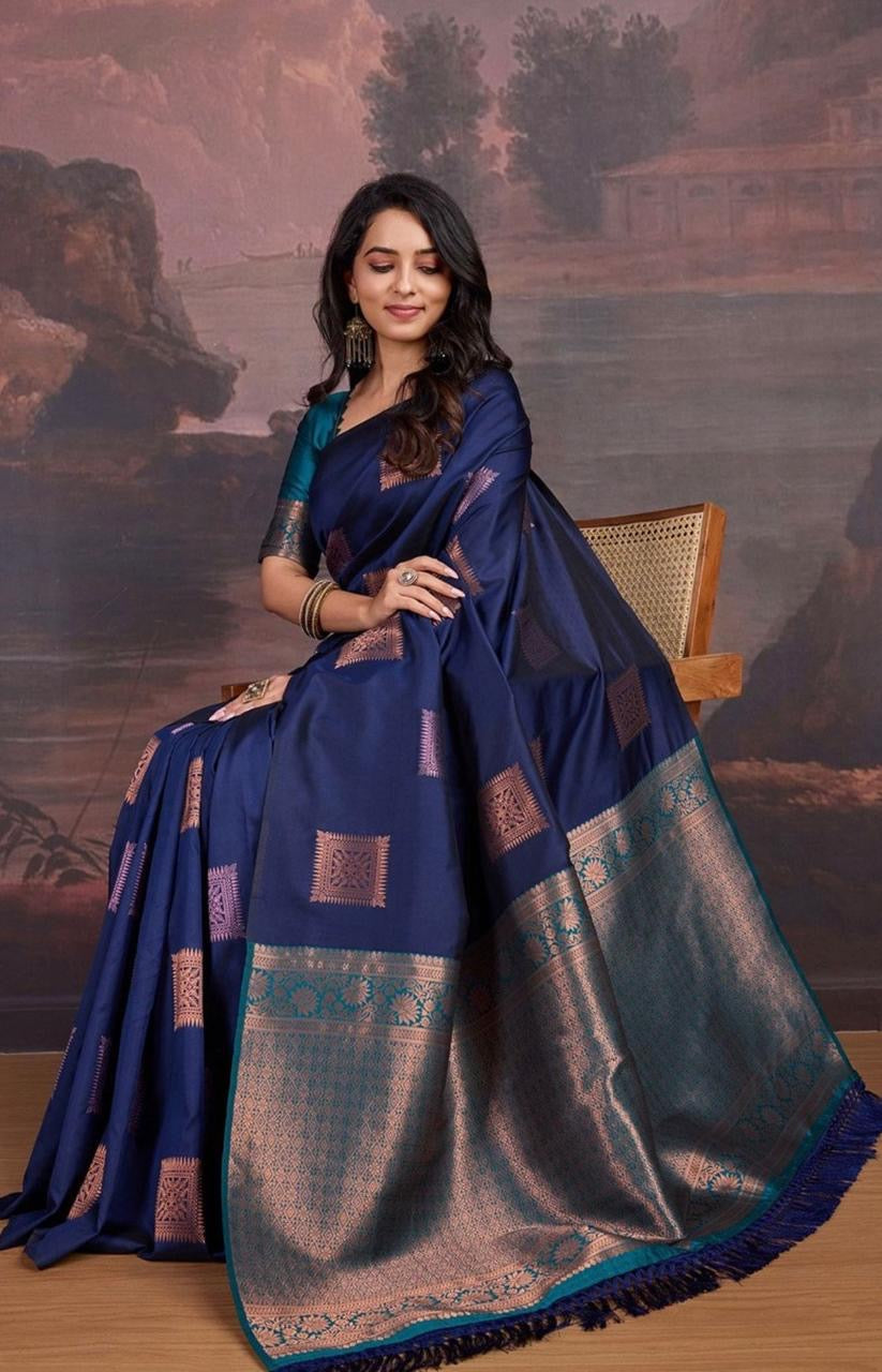Midnight Blue Banarasi Soft Silk Saree with Copper-Pink Zari Accents