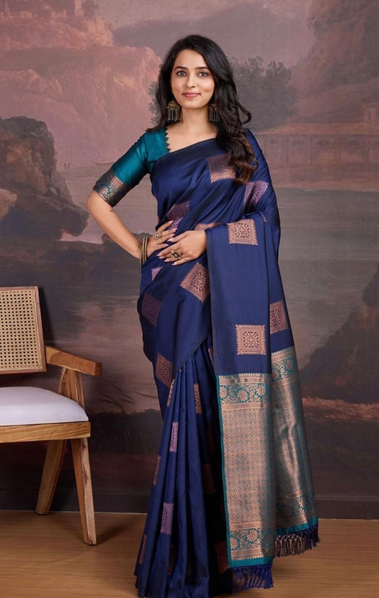 Midnight Blue Banarasi Soft Silk Saree with Copper-Pink Zari Accents