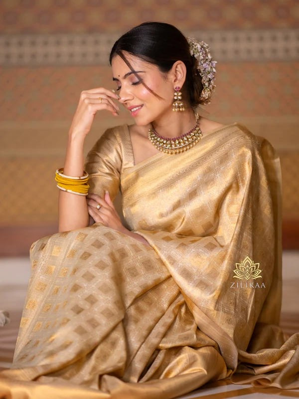 Radiant Gold Banarasi Soft Silk Saree with Pure Zari Weaving