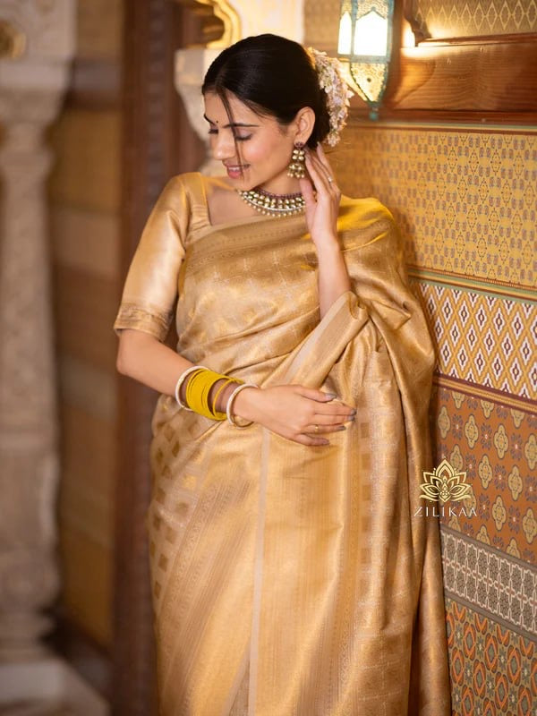 Radiant Gold Banarasi Soft Silk Saree with Pure Zari Weaving