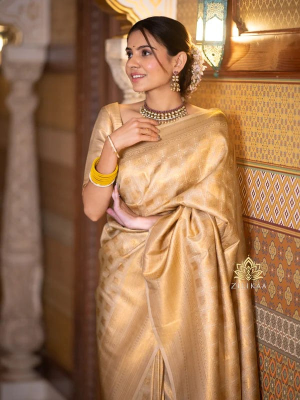 Woman in a gold saree with a decorative background