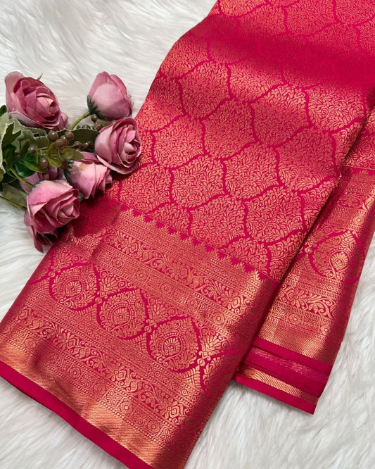 Royal Red Banarasi Soft Silk Saree with Intricate Gold Zari