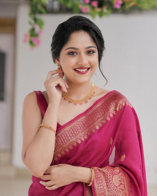Elegant Rani Pink Banarasi Silk Saree with Antique Gold Zari Work