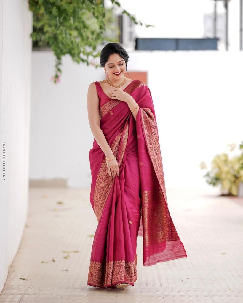 Elegant Rani Pink Banarasi Silk Saree with Antique Gold Zari Work
