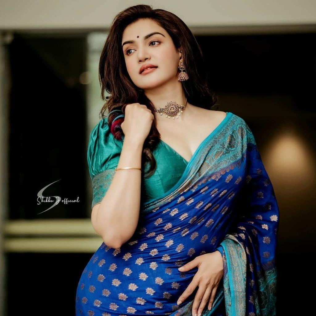 Royal Blue Banarasi Silk Saree with Peacock Green Border and Gold Zari Buttas