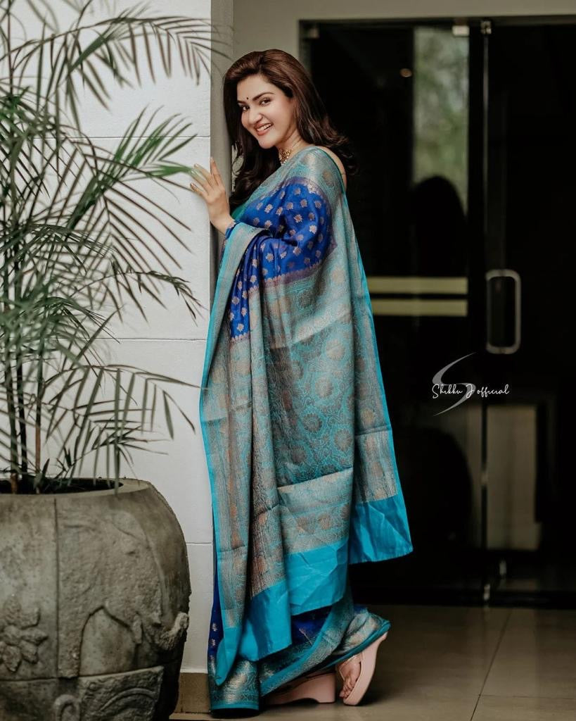 Royal Blue Banarasi Silk Saree with Peacock Green Border and Gold Zari Buttas