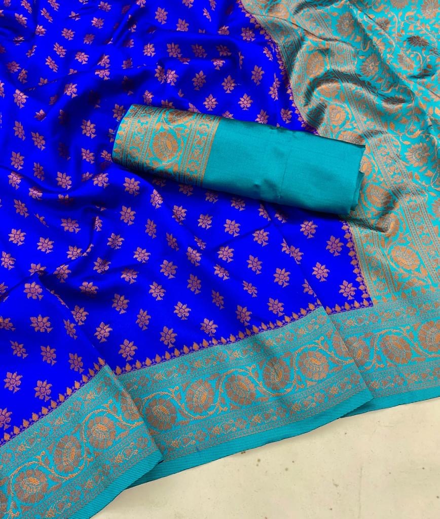 Royal Blue Banarasi Silk Saree with Peacock Green Border and Gold Zari Buttas