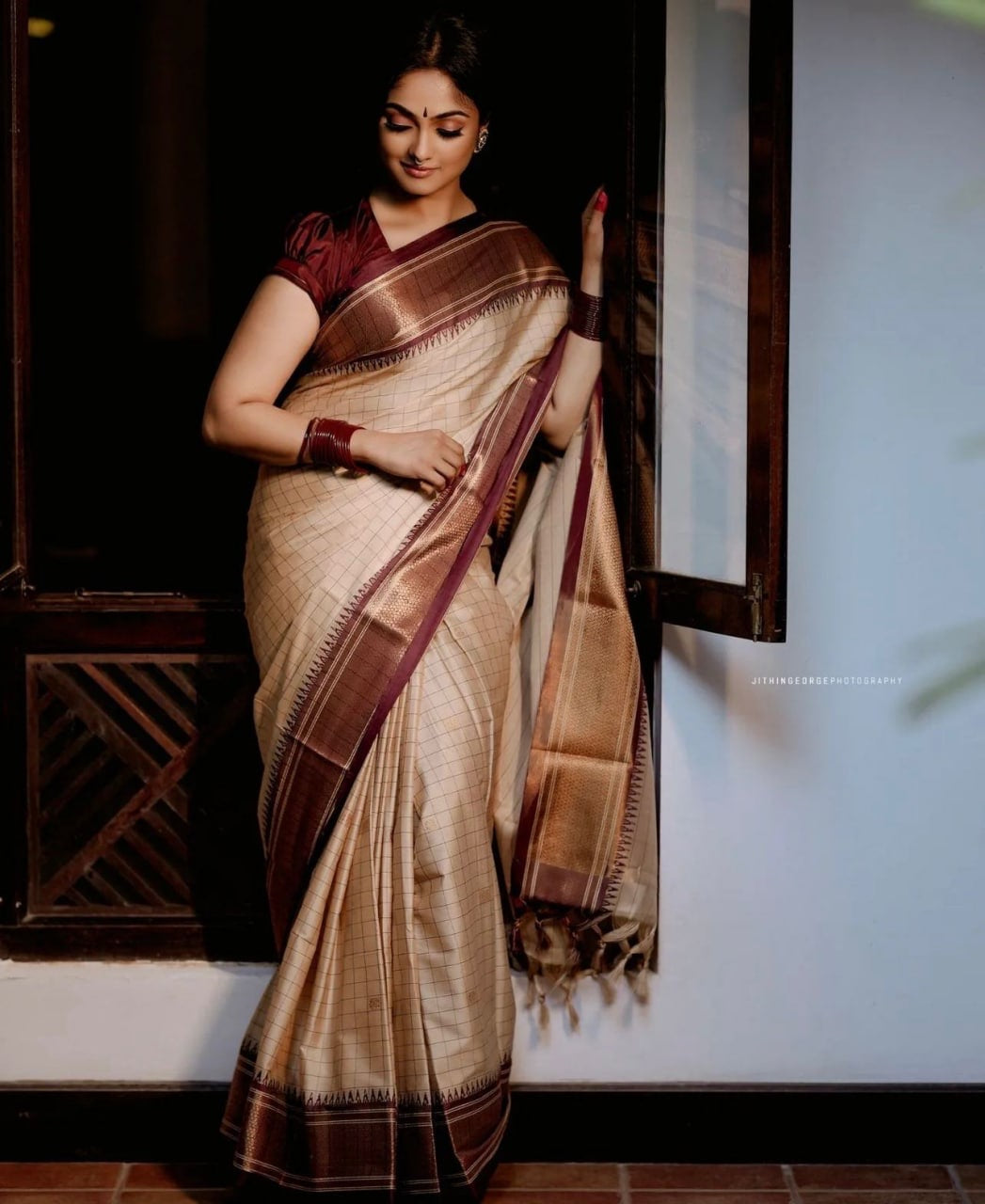 Elegant Cream & Copper Kanjivaram Silk Saree with Rich Zari Border