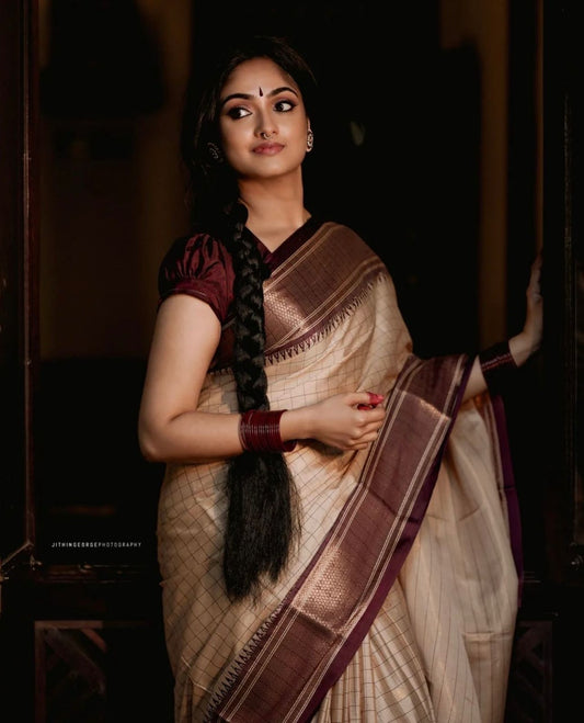 Elegant Cream & Copper Kanjivaram Silk Saree with Rich Zari Border